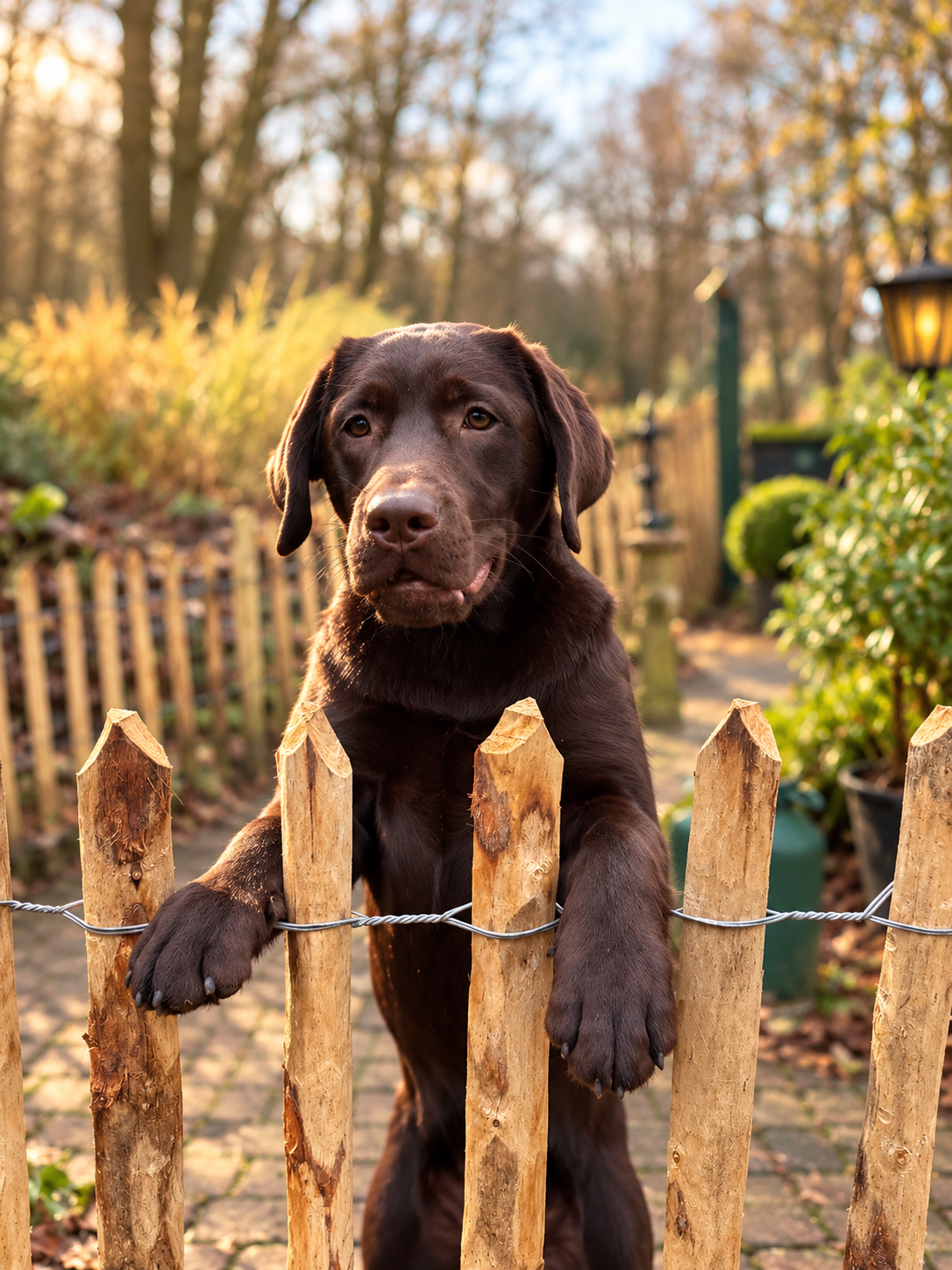Baci met haar voorpoten over het houten hek