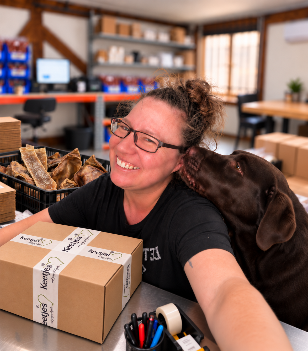 Een knuffel van een bruine Labrador tijdens het werk bij Keetjes